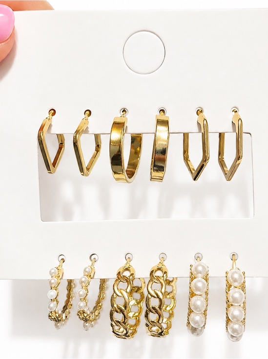 Jewelry - 2/20 Gold Hoop Earrings Lot 6 Pair NWT Pearl Textured Geometric Huggie Hoops